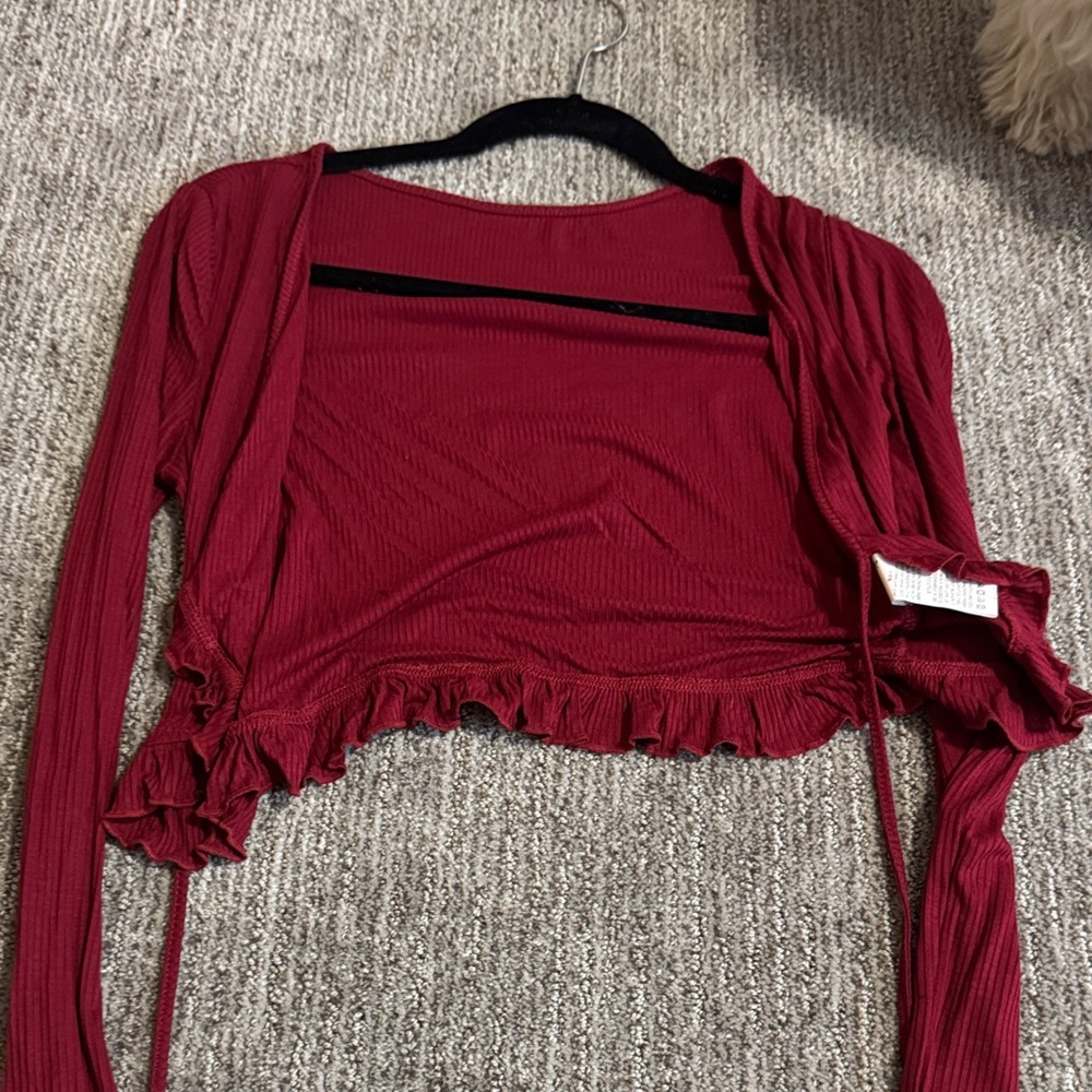 Women’s Burgundy Ruffle Hem Open Front Top